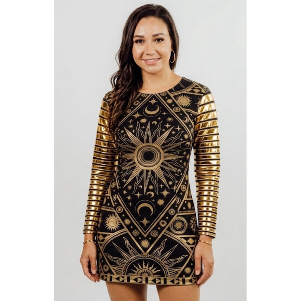 KTZ Kokon To Zai Black & Gold Sun Moon Bodycon Top / Mini Dress - Size S - RARE